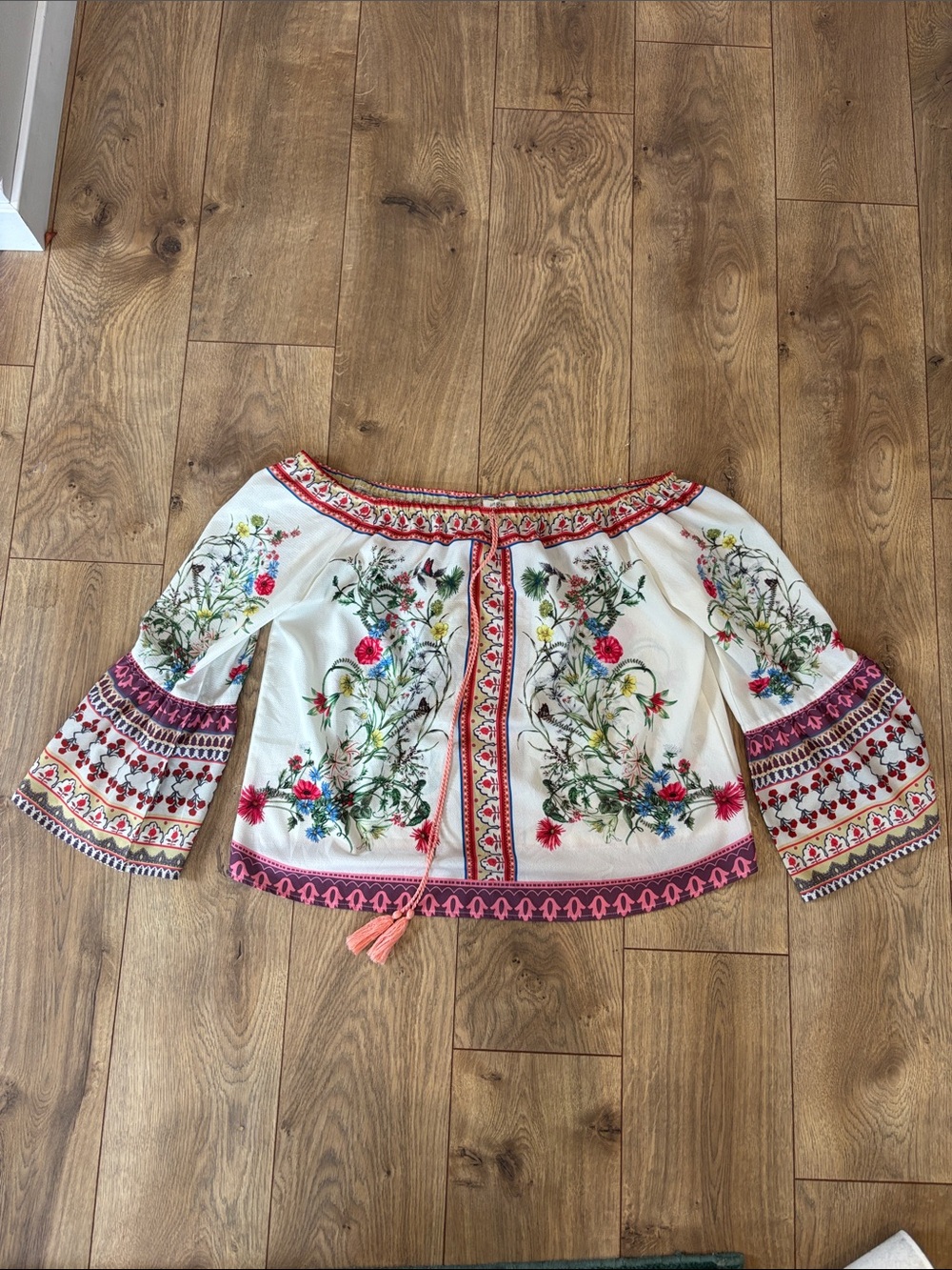 Umgee White Off-Shoulder Floral Embroidered Peasant Blouse with Pink Trim